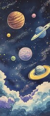 Wall Mural - A vibrant illustration of planets in space surrounded by colorful clouds and starry sky, perfect for sci-fi or educational themes.