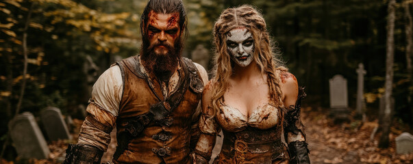 A man and woman dressed in costumes are posing for a photo in a cemetery. The man is wearing a brown vest and the woman is wearing a costume with a skull on it. Scene is eerie and spooky