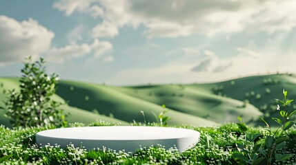 07240954 190. 3D illustration of a white circular podium adorned with fresh grass, set in a green field with garden patches, creating a striking summer meadow landscape with an earthy, natural feel