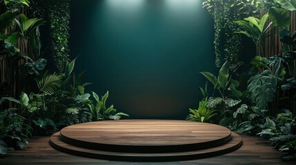 Poster - Wooden Platform Surrounded by Lush Green Foliage Against a Deep Teal Wall