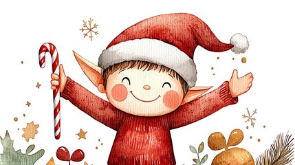 Wall Mural - Watercolor Christmas elf holding a candy cane, with rosy cheeks and a mischievous smile, watercolor Christmas clipart, holiday character