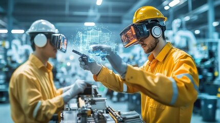 Augmented reality in manufacturing, workers using AR glasses to visualize complex assembly tasks, emphasis on innovation and efficiency in a high-tech factory