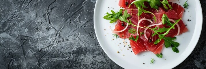 Poster - Tuna Carpaccio Served on a White Plate Accompanied by Raw Tuna Tenderloin and Blank Space