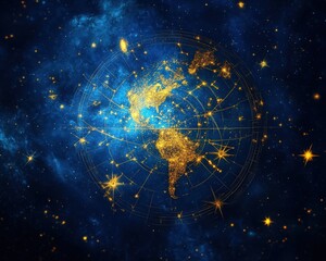 Wall Mural - A stunning representation of a golden world in a deep cosmic space with twinkling stars and vibrant blue backgrounds.