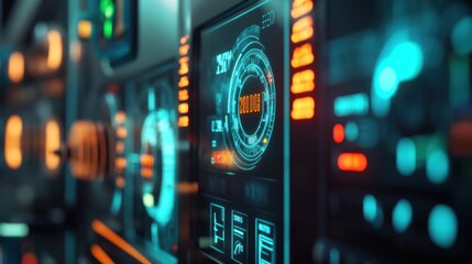 A close-up of smart metering technology with holographic displays of power usage statistics,