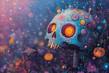 Captivating Blacklight Skull Art with Surreal Floral and Geometric Elements