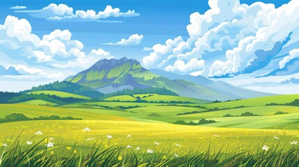 Wall Mural - 07240954 256. a vibrant cartoon vector illustration of spring green fields stretching across the lan