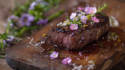 Wall Mural - A tender roasted steak flavored with flowers and placed on a board of wood