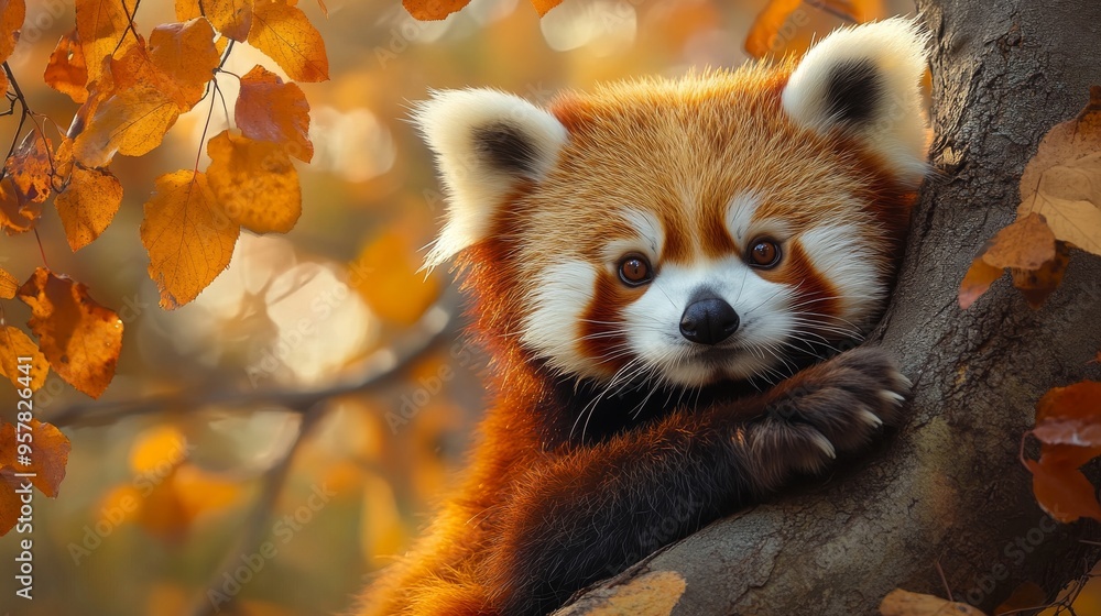 Panda Fall Tree Cute red panda climbing a tree amidst autumn leaves. The image features ...