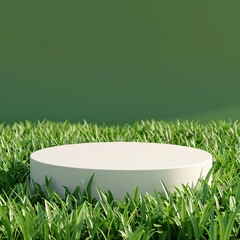 07240954 291. 3D render of a white round podium set in a lush green field, with vibrant spring grass covering the surface, creating an isolated garden platform against a green background