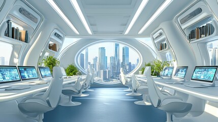 Wall Mural - Futuristic Office Space with City Skyline View