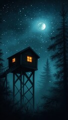 Wall Mural - A serene night scene featuring a glowing treehouse beneath a starry sky and a bright moon, surrounded by tall trees.