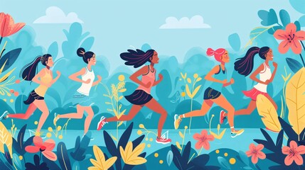 Sticker - 07240954 331. A vibrant set of vector illustrations featuring girls running in a spring park, with lush decorative leaves and herbs surrounding them, capturing the essence of summer outdoor sports,