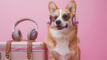 07240954 344. Sweet Corgi dog equipped with headphones, standing against a soft pink background, illustrating a travel theme with a suitcase and travel accessories nearby, the dog exuding an eager