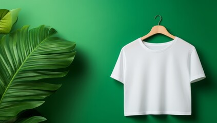 White T-Shirt Mockup Hanging on Jungle Leaves