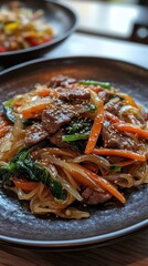 Korean Japchae with Marinated Beef and Vegetables
