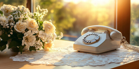 Vintage Telephone on Elegant Table with Lace and Flowers