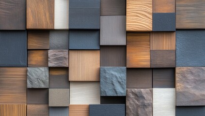 Wall of Varied Wooden Blocks with Stone-Like Texture