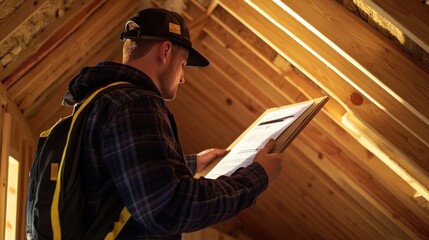 A structural inspection in progress, showcasing a professional inspector examining the roof and attic spaces of a newly constructed home -