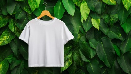 White T-Shirt Mockup Hanging on Jungle Leaves