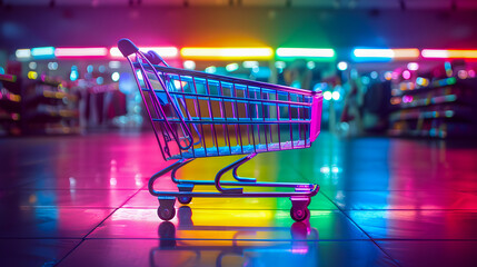 Wall Mural - Shopping cart with neon colorful can be viewed in modern stores with copy space