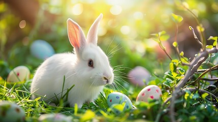 Adorable white rabbit in a garden with easter eggs