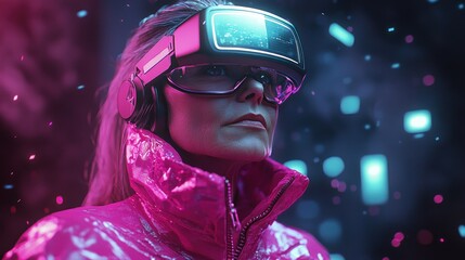 Wall Mural - Futuristic Woman Wearing Virtual Reality Headset and Pink Jacket