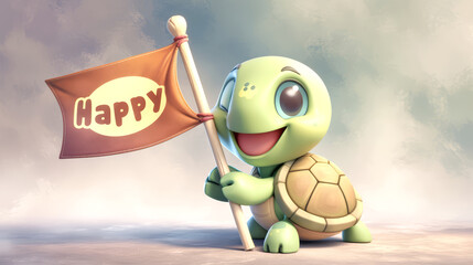 Cute cartoon turtle holding a happy flag in the sky. 3d illustration.