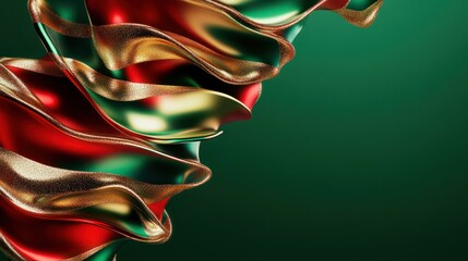 Wall Mural - christmas tree tangled distorted wave shapes, red green and gold on a green background