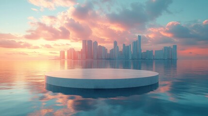 Wall Mural - Minimalist Platform on Water with City Skyline at Sunset