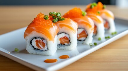 Close-up of a plate of salmon sushi rolls topped with red tobiko and green onions.