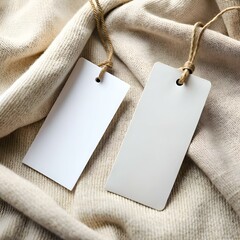 Two blank white tags with twine. one textured and one smooth. on a beige knit fabric.