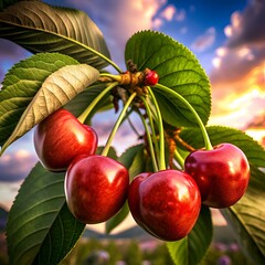 Wall Mural - A captivating 3D illustration of four juicy cherries hanging from a lush branch.