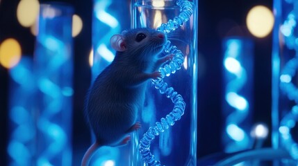 Wall Mural - A Curious Mouse Exploring a Blue-Lit Glass Tube