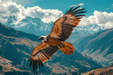 A Bearded Vulture Soaring Over Majestic Mountains