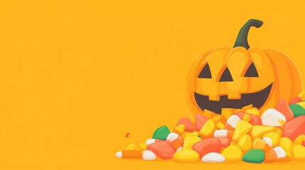 Poster - A vibrant illustration showing a mound of assorted Halloween candies against a clean backdrop, perfect for festive themes.