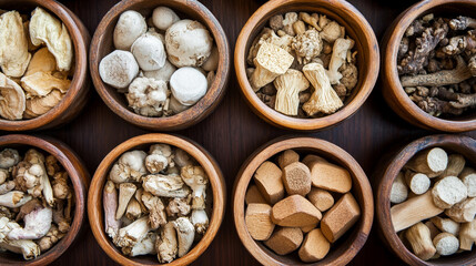 traditional Chinese herbal medicines displayed on a wooden surface. Ingredients include dried roots, leaves, and seeds, symbolizing natural healing, balance, and ancient wisdom