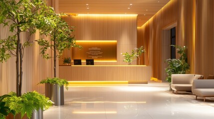 Poster - Modern Hotel Lobby Interior with Wooden Walls, Plants, and a Reception Desk