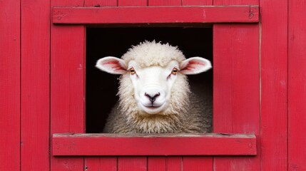 Sticker - A sheep looking out of a red barn window with its head sticking through, AI