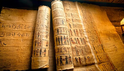 close-up of ancient egyptian papyrus scrolls, adorned with intricate hieroglyphics and vibrant color