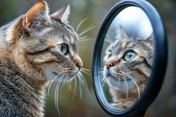 Poster - A Tabby Cat Gazing Into a Mirror, Reflecting Its Own Image