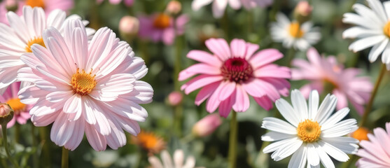 Wall Mural - Close-up of Pink and White Daisies in a Garden