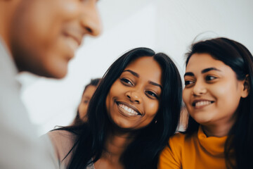 Close-up of two young women smiling and looking at a man off camera