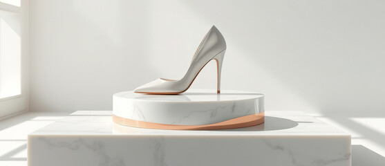 Poster - White high heel shoe on a marble podium with a gold trim