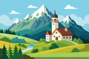 Canvas Print - Castles on hills medieval landscape vector cartoon illustration