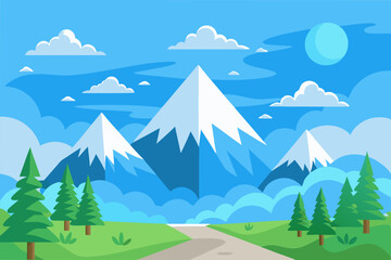 Poster - Vector snowy winter mountains cartoon landscape with hills and pines on foreground