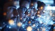 © TranNgoc - Professionals from various cultures collaborating on a technology project, each interacting with floating digital interfaces, connected by luminous network lines, with a dark,