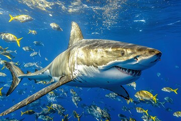 Poster - Great White Shark Swimming Through a School of Fish