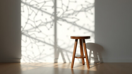 Canvas Print - Wooden Stool with Light Shadow on White Wall