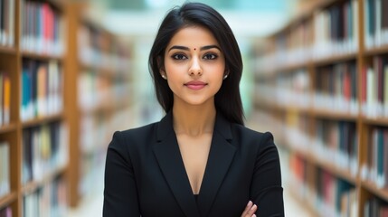 Sticker - A woman in a business suit standing next to bookshelves, AI